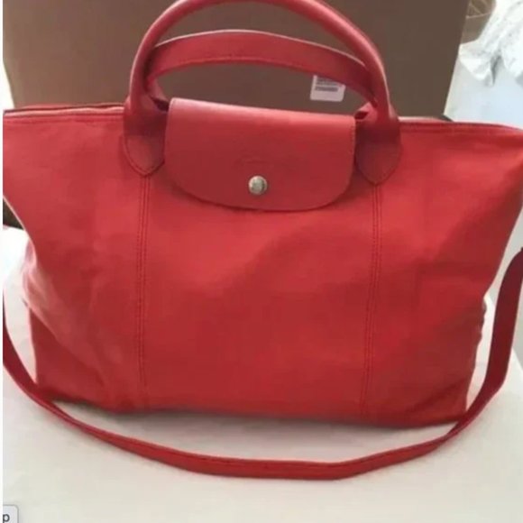 Longchamp Le Pliage Cuir Leather Bag New Large red